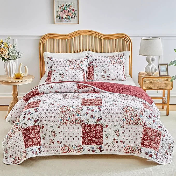 Original Joyreap 3 Pieces Quilt Set California King 102x114 inches- Floral Patchwork Burgundy Red n White Flowers Design Smooth Soft Microfiber Quilt Bedspread Bed Cover for All Season High-Quality