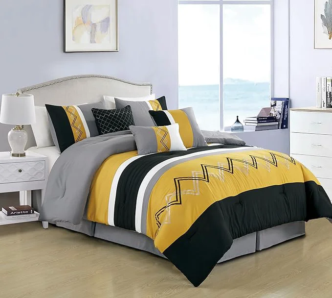 Original Chezmoi Collection Arden 7-Piece Modern Pleated Stripe Embroidered Zigzag Bedding Comforter Set King Turmeric Black Silver Gray White Recyclable