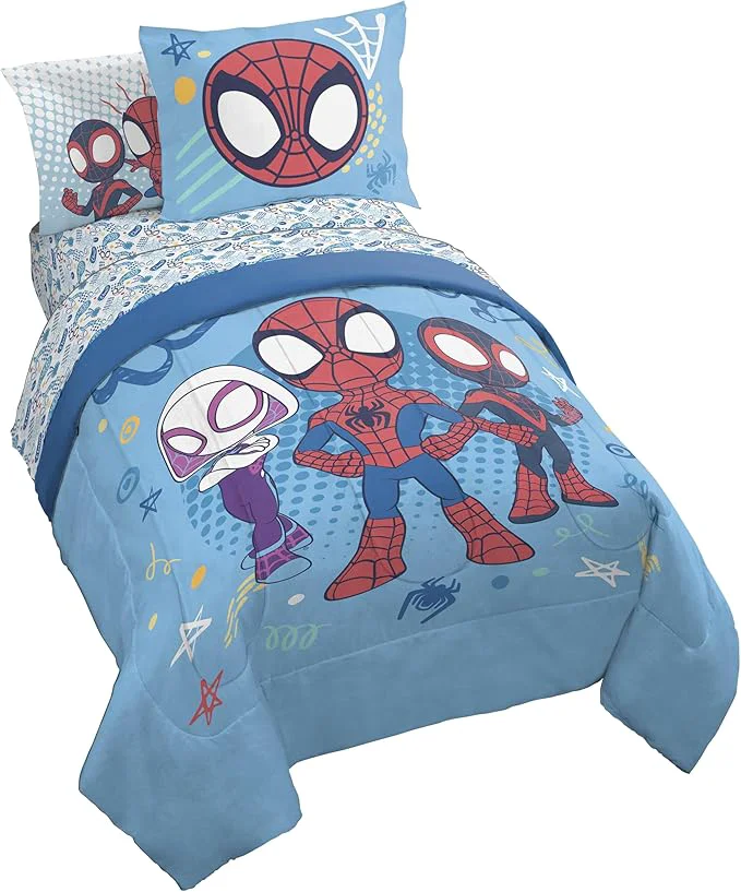 Eco-Friendly Jay Franco Kids Comforter Set Includes Sheets and Pillow Covers - Soft and Cozy Bed Set for Stylish Room Decor Light Blue - Spidey amp His Friends 7 Piece Full Bedding First-Class