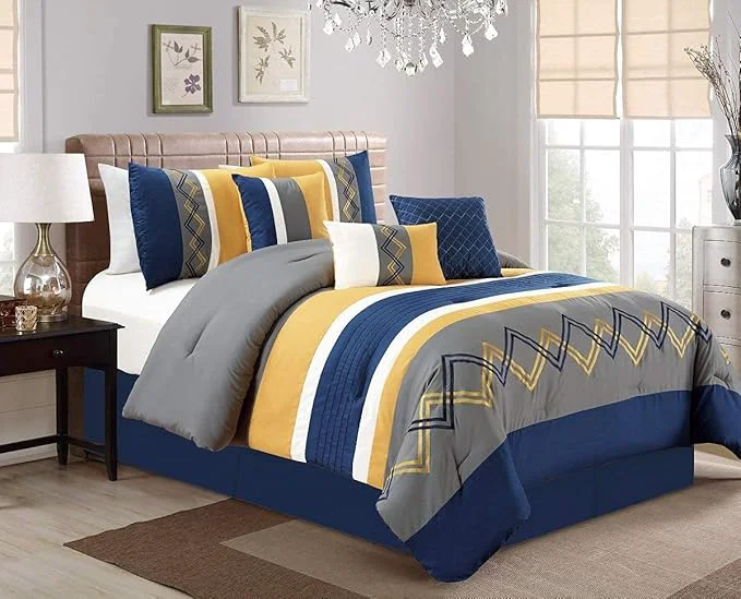 Outstanding Chezmoi Collection Arden 7-Piece Modern Pleated Stripe Embroidered Zigzag Bedding Comforter Set California King Navy Gray Yellow White Relaxed