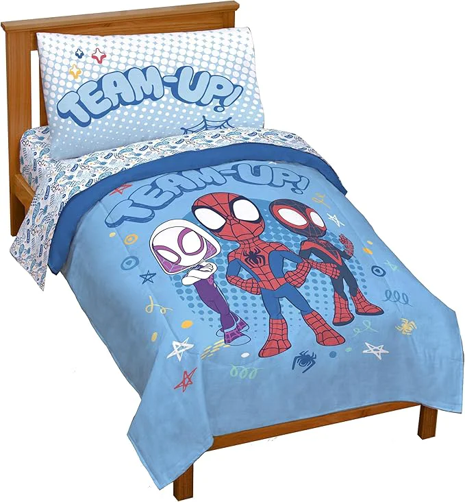Prestigious Jay Franco Kids Comforter Set Includes Sheets and Pillow Covers - Soft and Cozy Bed Set for Stylish Room Decor Light Blue - Spidey amp His Friends 4 Piece Toddler Original Design