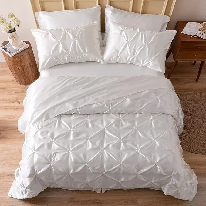 Refined MR amp HM Satin Comforter King 7 Pieces - Luxurious Pinch Pleat Bedding Set with Comforter Flat Sheet Fitted Sheet Pillowcases amp Shams Super Silky Soft Bed Set for All Season King Ivory Versatile