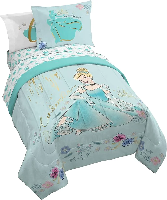 Pure Jay Franco Kids Comforter Set Includes Sheets and Pillow Covers - Soft and Cozy Bed Set for Stylish Room Decor Licensed Bedding Blue - Princess Cinderella 7 Piece Full Fashionable