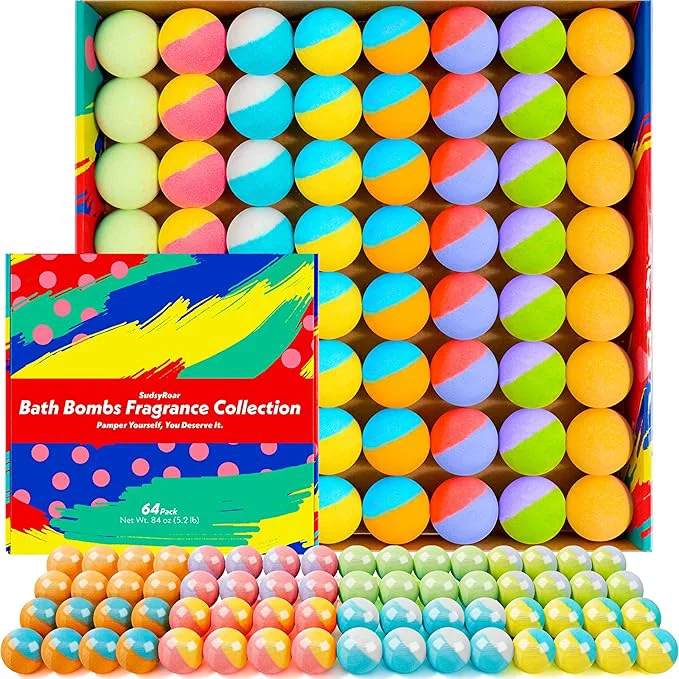 Smooth 64 Pack Natural Bath Bombs Bulk Set – 8 Scents Organic Ingredients Next-Generation