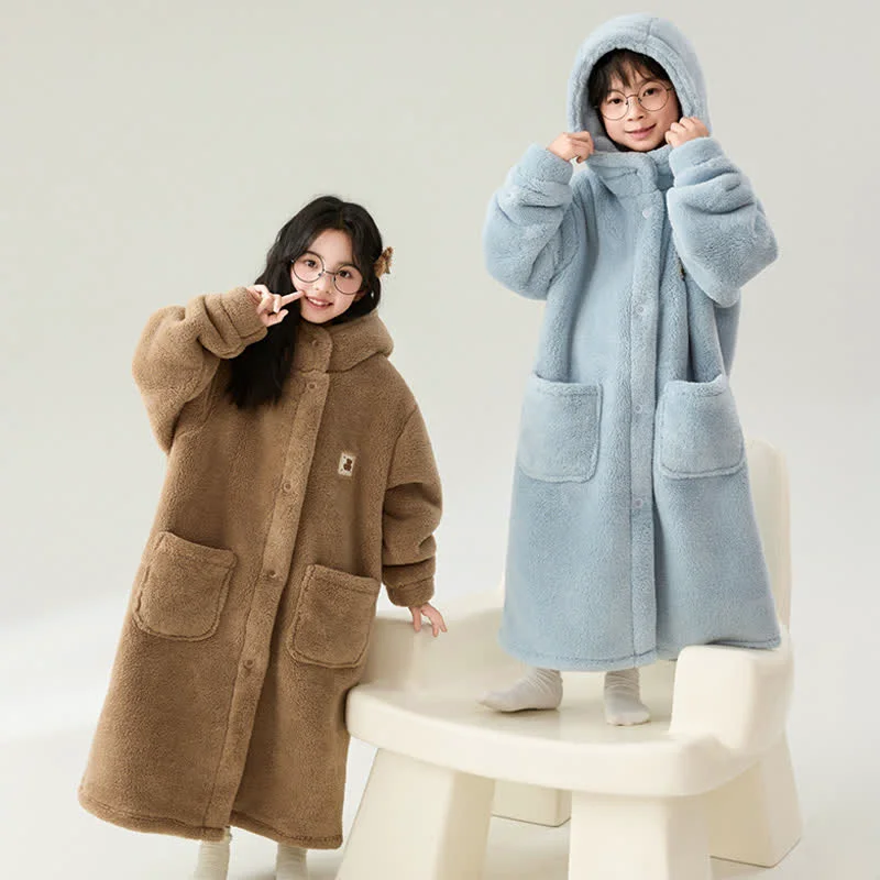 Official Ownkoti Solid Color Hooded Button Child Bathrobe Next-Generation