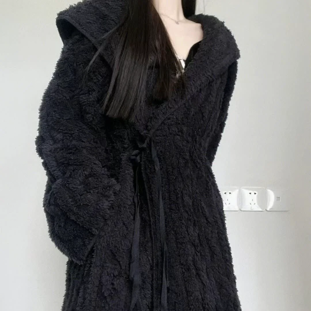 Environmentally Friendly Ownkoti Fluffy Minimalist Black Hooded Robe Long-Lasting