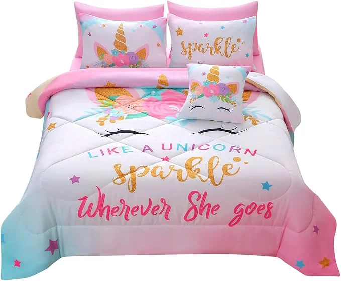Green JQinHome Unicorn Full Bedding Sets for Girls Kids 8 Piece Bed in A Bag 3D Colorful Flower Girl Unicorn Comforter Set with Sheet Set Sparkle Stylish