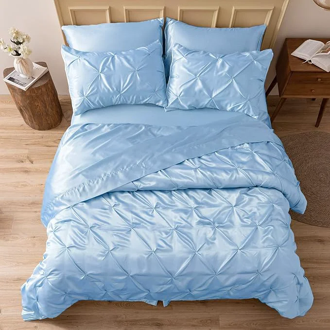 Easy-to-Use MR amp HM Satin Comforter California King 7 Pieces Light Blue - Luxurious Pinch Pleat Bedding Set with Comforter Flat Sheet Fitted Sheet Pillowcases amp Shams Super Silky Soft Bed Set for All Season Sustainable