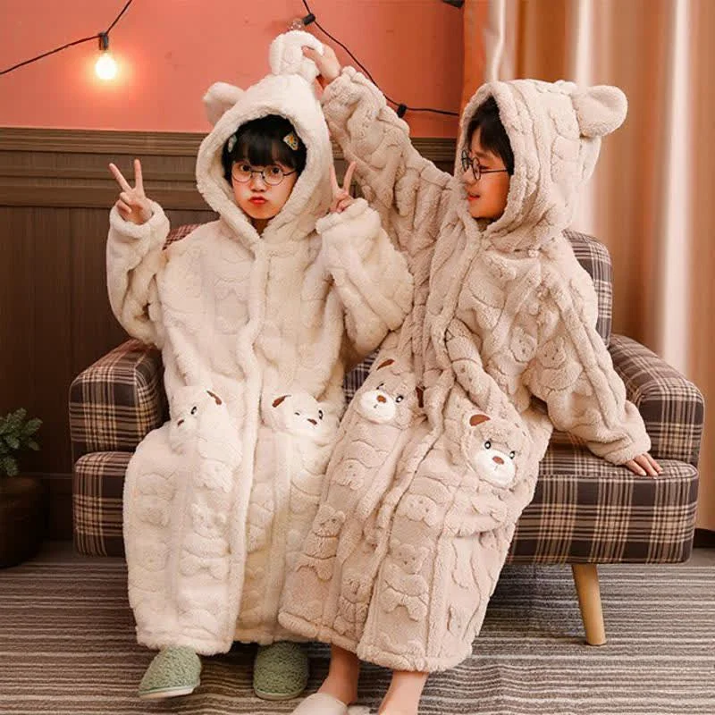 Enhanced Ownkoti Bear-Ear Hooded Button Plush Child Robe Soft