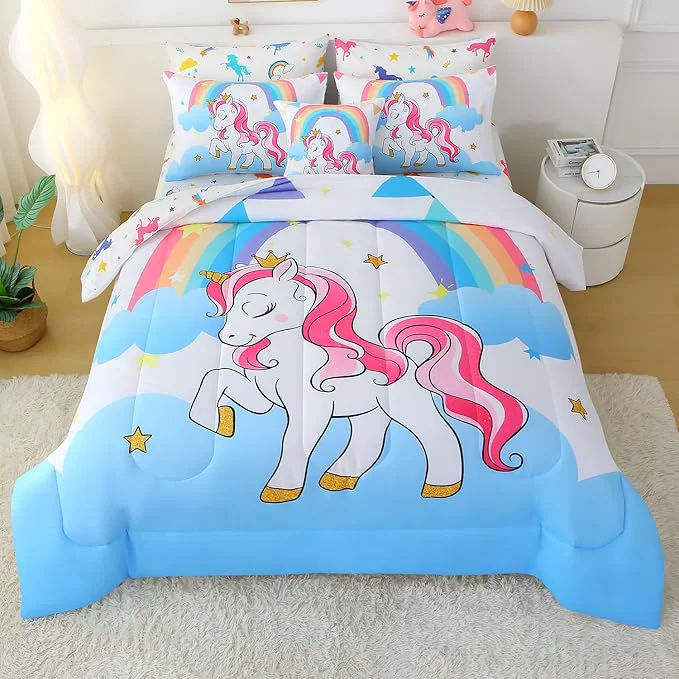 Modern JQinHome Unicorn Queen Bedding Sets for Girls Kids 8 Piece Bed in A Bag 3D White Sky Rainbow Clouds Theme Unicorn Comforter Set with Sheet Set White Functional