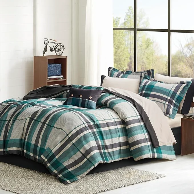 Intelligent Design Robbie 9-Piece Twin Comforter Set – Lightweight All-Season Plaid Bedding Teal Black Cozy Bed-in-a-Bag with Matching Shams amp Decorative Pillow Modern Casual Style Genuine