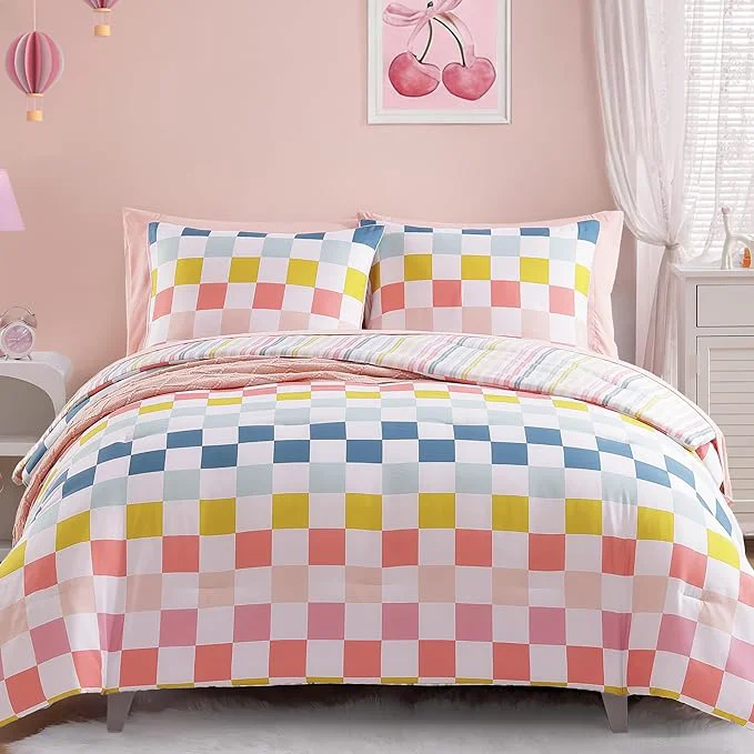 Long-Lasting Full Size Comforter Set for Girls-7 Pieces Colorful Check Full Bedding Sets for Kids Ultra Soft Bed in A Bag with Sheets Luxury