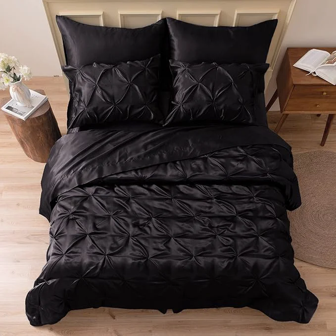Expertly Made MR amp HM Satin Comforter California King 7 Pieces Black - Luxurious Pinch Pleat Bedding Set with Comforter Flat Sheet Fitted Sheet Pillowcases amp Shams Super Silky Soft Bed Set for All Season Trendy