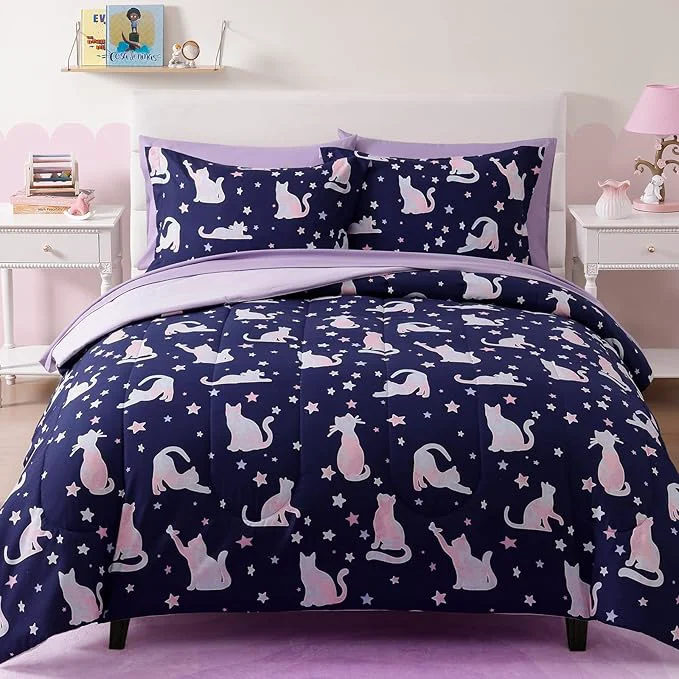 Fine Full Size Comforter Set for Girls-7 Pieces Cute Cat Full Bedding Sets for Kids Ultra Soft Bed in A Bag with Sheets Genuine