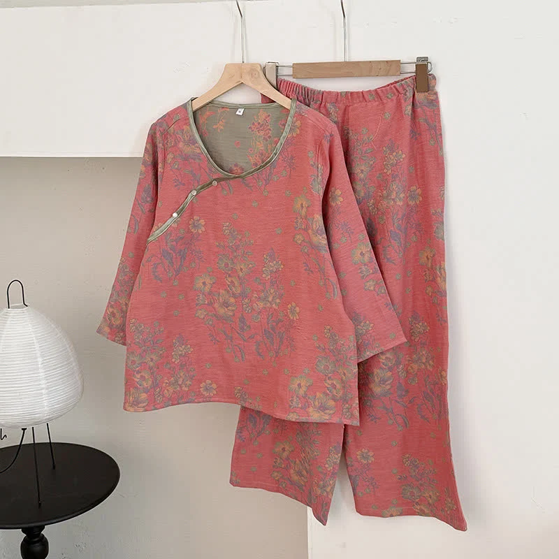 Pure Ownkoti Oriental Pink Peony Cotton Gauze Pajamas Convenient