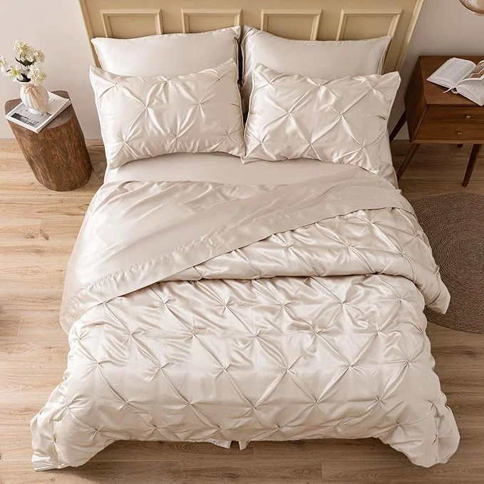 Crafted MR amp HM Satin Comforter Twin 5 Pieces - Luxurious Pinch Pleat Bedding Set with Comforter Flat Sheet Fitted Sheet Pillowcase amp Sham Super Silky Soft Bed Set for All Season Twin Beige Relaxed