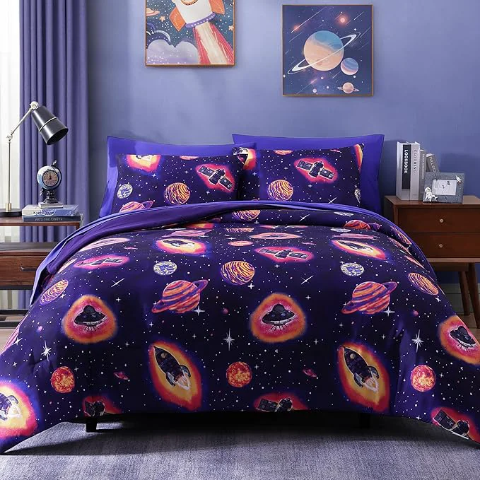 Prestigious Full Size Comforter Set for Boys-7 Pieces Space Rocket Full Bedding Sets for Kids Ultra Soft Bed in A Bag with Sheets Premium Material