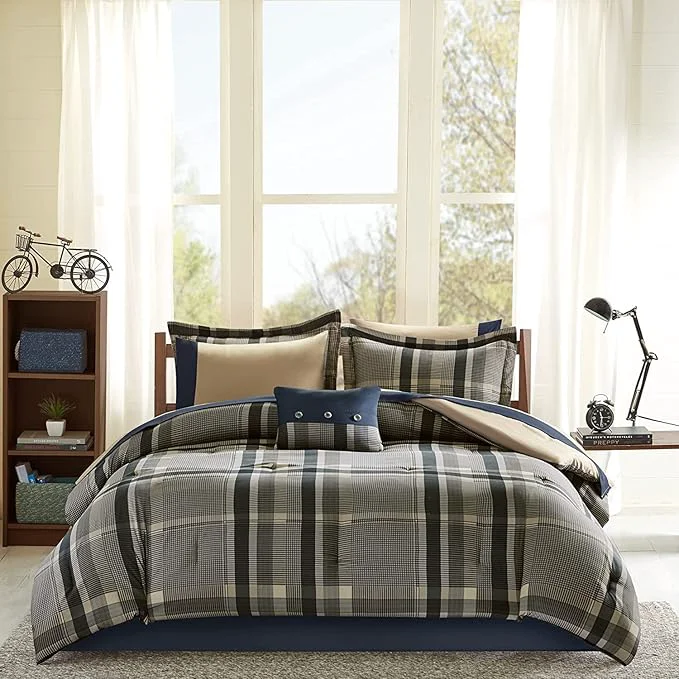 Relaxed Intelligent Design Robbie 9-Piece Queen Comforter Set – Lightweight All-Season Plaid Bedding Navy Tan Cozy Bed-in-a-Bag with Matching Shams amp Decorative Pillow Modern Casual Style Secure