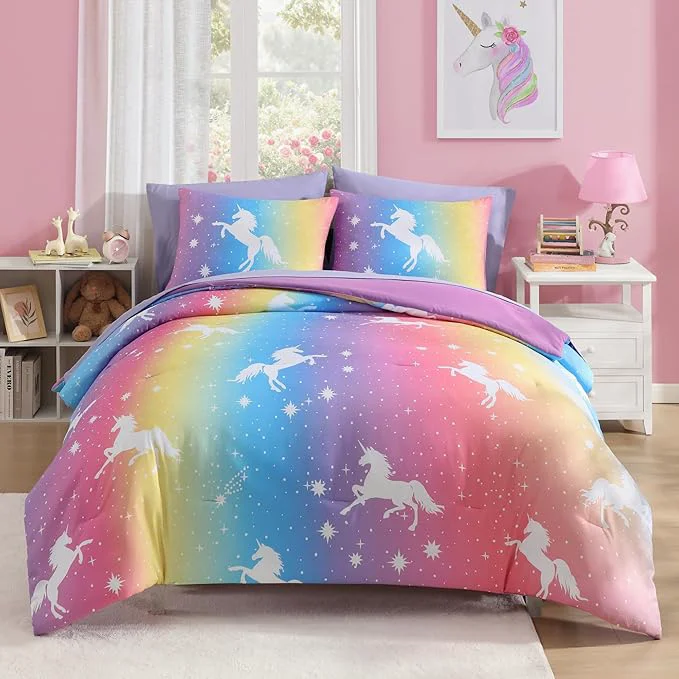 Powerful Twin Comforter Set for Girls-5 Pieces Rainbow Unicorn Twin Bedding Sets for Kids Ultra Soft Bed in A Bag with Sheets Certified