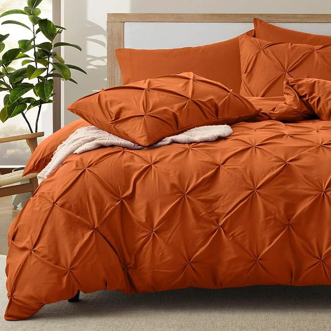 Casual VACVELT 5 Piece Pinch Pleated Duvet Cover California King Size Set Burnt Orange Pintuck Duvet Cover with Zipper amp 8 Ties Soft Microfiber Duvet Cover 2 Pillow Shams 2 Pillowcases No Comforter Enhanced