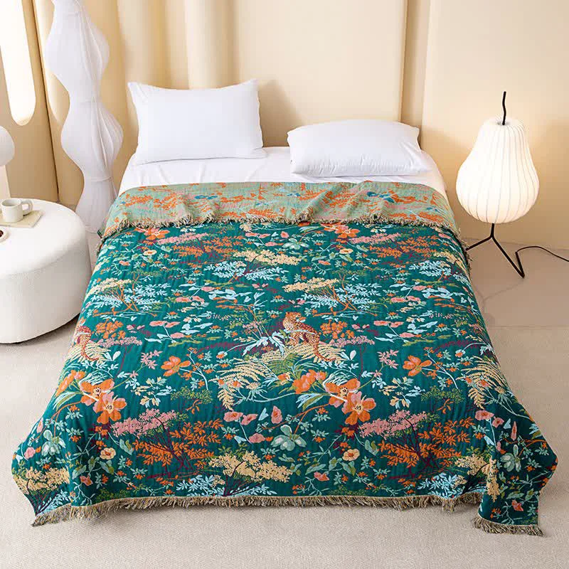 Relaxed Ownkoti Rainforest Plant Cotton Gauze Tassel Quilt Artisan