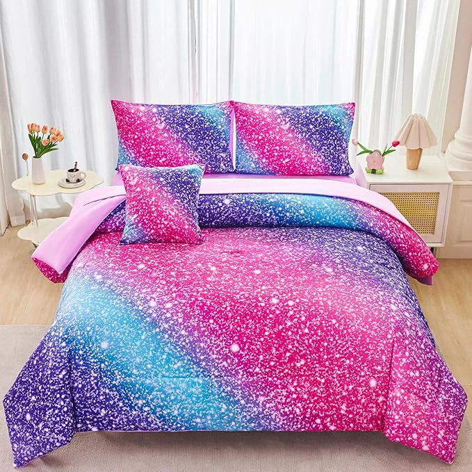 Effective RYNGHIPY Rainbow Bed in A Bag Queen Size Girly Pink Purple Blue Gradient Galaxy Print Comforter Set with Sheets Pillowcases Efficient