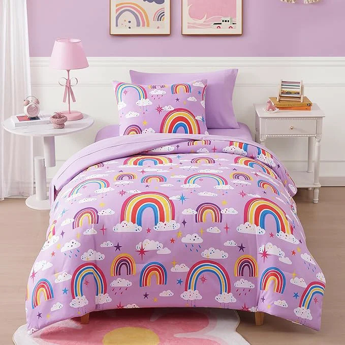 Easy-to-Use Twin Comforter Set for Girls-5 Pieces Purple Rainbow Glow in the Dark Twin Bedding Sets for Kids Ultra Soft Bed in A Bag with Sheets Recyclable