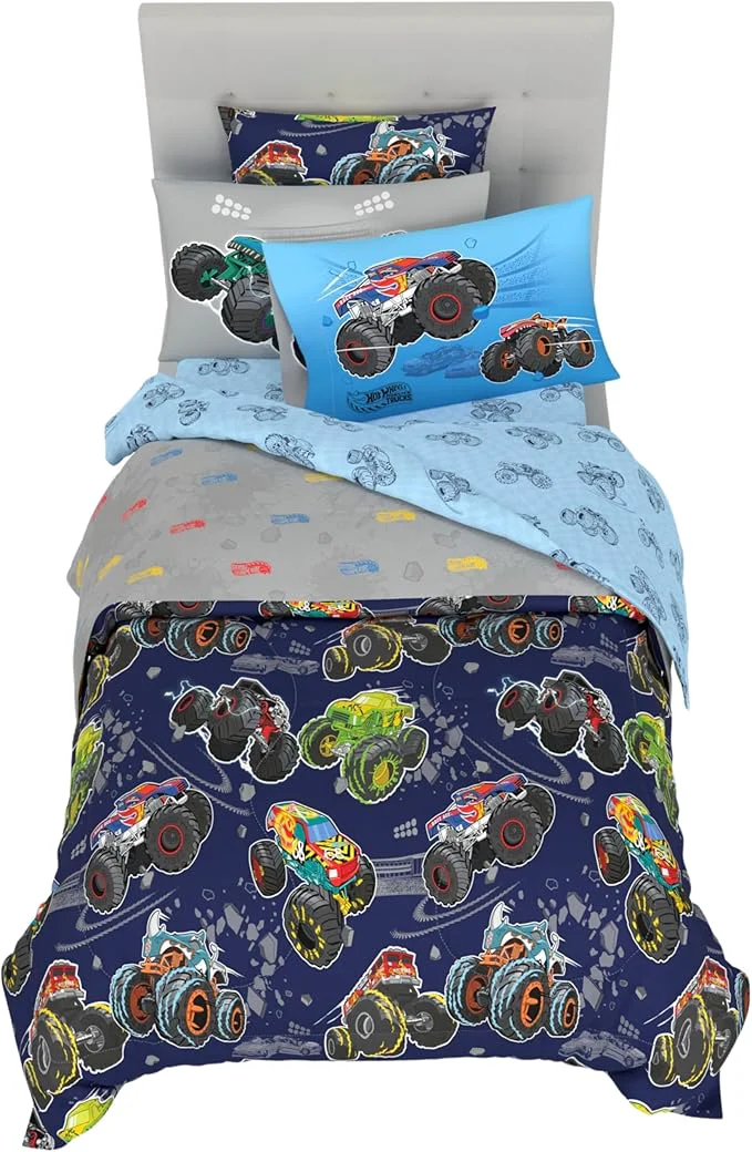 Elegant Hot Wheels x Monster Trucks Bedding Set Twin Size 5 Piece Set Kids Super Soft Cozy Reversible Comforter and Sheet Set with Sham ly Licensed Product by Franco Fast