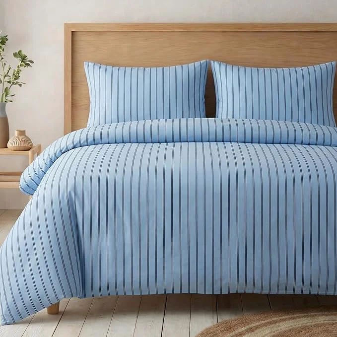 Optimized Bedbay Blue Striped Duvet Cover Set Queen Size Cotton Sateen Bedding Set Soft Breathable Hotel-Inspired 3 Piece Duvet Cover for All Seasons Healthy