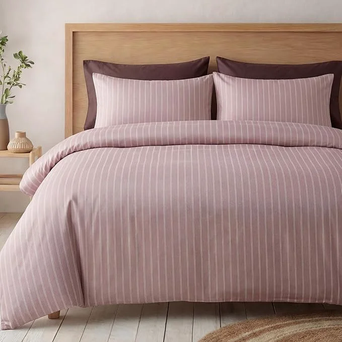 Authentic Bedbay Dusty Rose Striped Duvet Cover Set King Size Cotton Sateen Bedding Set 300TC Soft Minimal Hotel Style Comforter Cover 3 Pieces for All Seasons Sophisticated