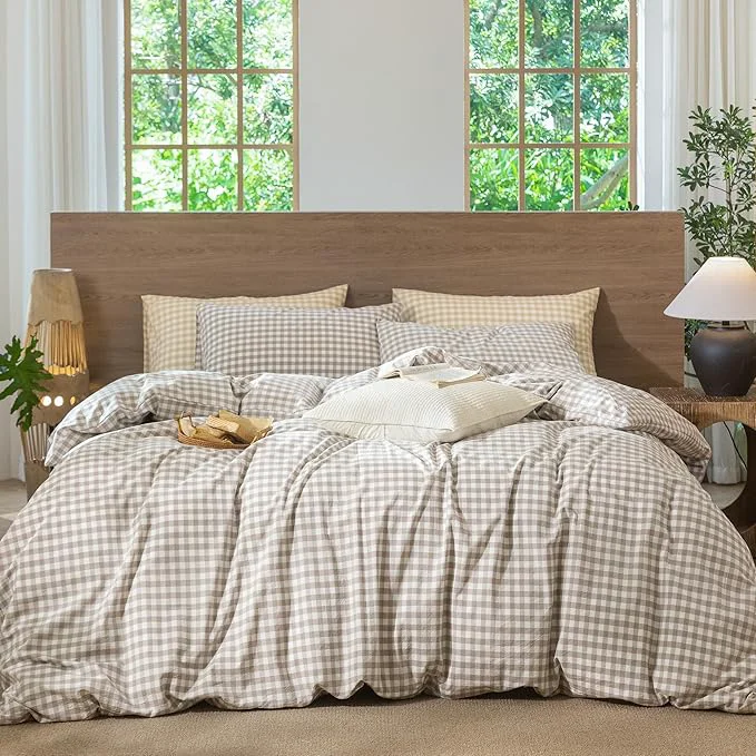 Contemporary MooMee Gingham Duvet Cover Set Washed Cotton Linen Like Textured Breathable Durable Soft Comfy Modern Checkered Design Tannish Linen Grey Gingham Twin 68 quot x90 quot Excellent