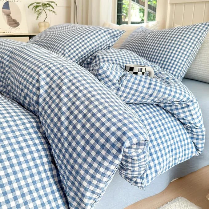 Classic Blue Gingham Comforter Set Queen Modern Plaid Checkered Pattern Comforter 3 Pieces Blue Grid Comforter with 2 Pillowcases Soft Fluffy Gingham Bedding Set Farmhouse Plaid Comforter Set for All Seasons Natural