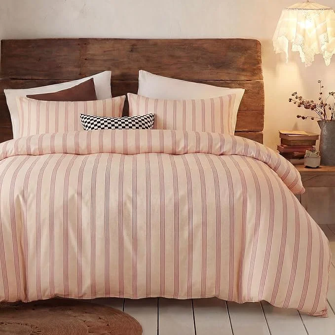 Responsible Bedbay Cotton Striped Duvet Cover Set Queen Size Warm Apricot Bedding Set Cotton Sateen Silky Soft Cozy 3 Piece Duvet Cover for All Seasons Exceptional