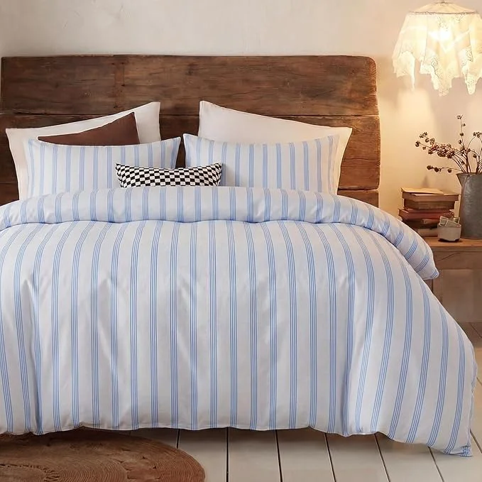 User-Friendly Bedbay Cotton Striped Duvet Cover Set King Size Grey Blue Striped Bedding Cotton Sateen Silky Soft Modern Minimalist 3 Piece Bedding Set for All Seasons Easy-to-Use