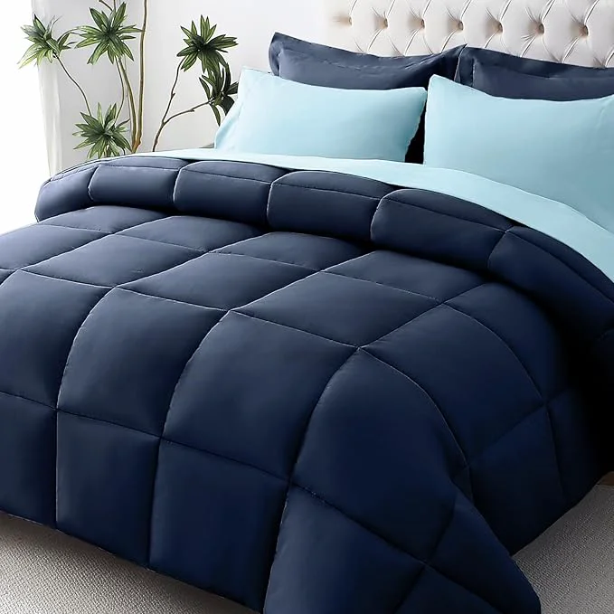 Optimized JOLLYVOGUE Queen Comforter Set Ultra-Soft Bed in a Bag Queen Size 7 Pieces Oeko-TEX Bedding Set with Down Comforter Sheets Pillowcases amp Shams Navy amp Light Blue Classic