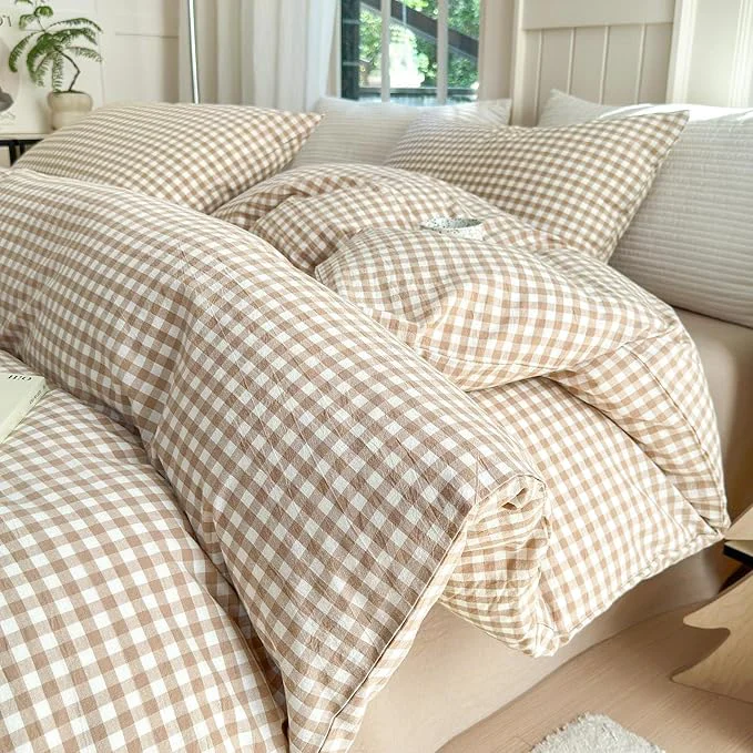 Eco-Friendly LifeTB Tan Gingham Comforter Set Twin XL Modern Style Beige Plaid Comforter Set 3 Pieces Soft Fluffy Grid Checkered Pattern Comforter with 2 Pillowcases Farmhouse Gingham Bedding Set Twin XL Specialty