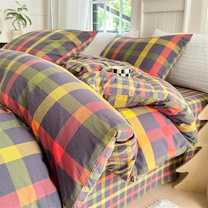 Unique Multicolor Plaid Queen Size Comforter Set Modern Style Checkered Pattern Comforter Buffalo Grid Plaid Gingham Bedding Comforter Set for All Seasons Farmhouse Grid Bed Comforter with 2 Pillowcases Elegant