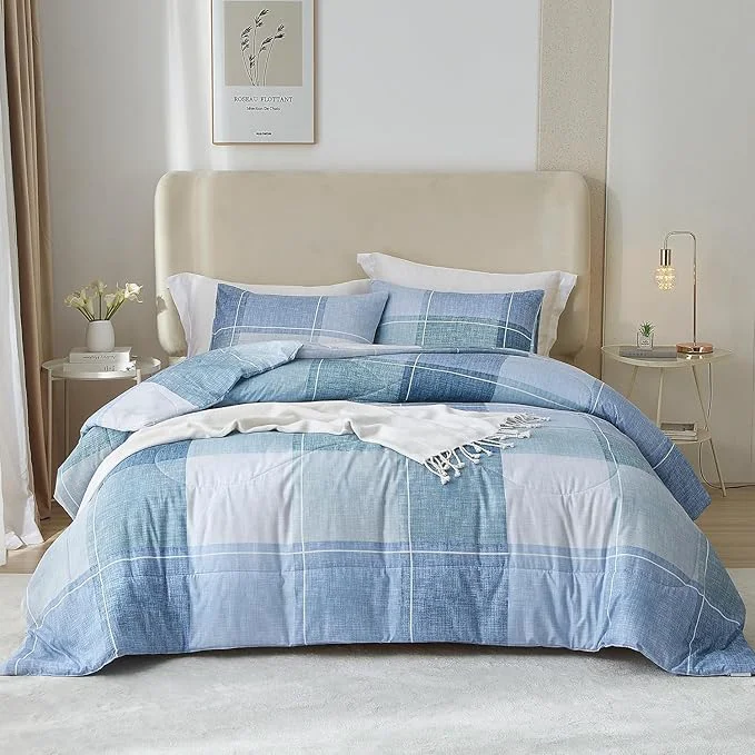 Pure LifeTB Twin XL Comforter Set Blue Checkered Comforter Set for Men Boys Geometric Checkered Plaid Printed Boho Bedding Comforter for All Seasons Fluffy Soft Lightweight Plaid Bedding Set Twin XL Fast