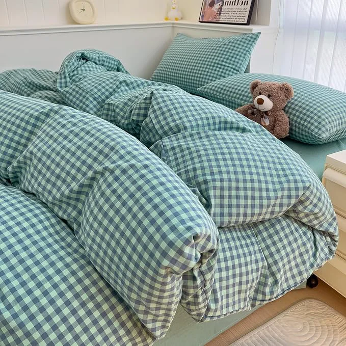Top-Quality LifeTB Queen Comforter Set Green Gingham Bedding Comforter Modern Style Checkered Pattern Comforter Set Green Blue Grid Plaid Bedding Comforter Lightweight Fluffy Soft Gingham Grid Bedding Set Proven