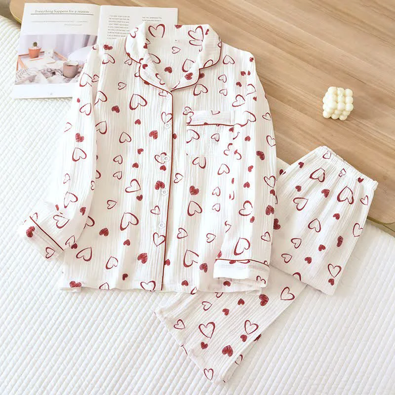 Durable Ownkoti Heart Doodle Cotton Gauze Pajama Set Eco-Friendly