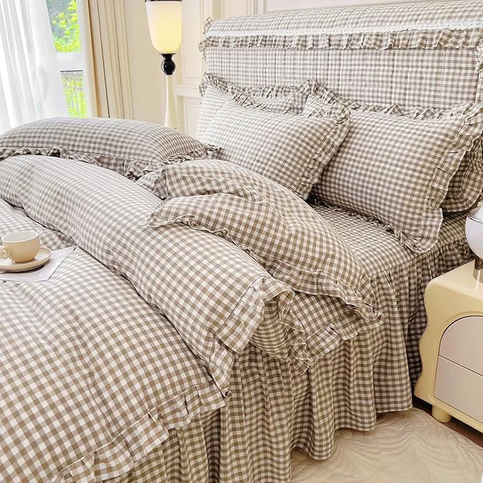 Soft LifeTB Queen Comforter Set Tan Gingham Comforter Ruffle Beige Taupe Plaid Comforter Set 3 Pieces Fluffy Vintage Checkered Grid Bed Comforter with 2 Pillowcases Gingham Bedding Set Queen High-Grade