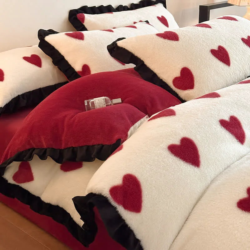 Reusable Ownkoti Heart-Print Plush Bedding Set with Romantic Ruffles 4PCS Contemporary