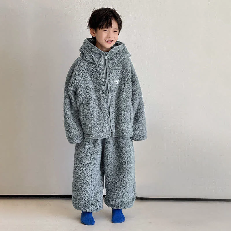 Ownkoti Solid Zip-up Hooded Child Loungewear Set Eco-Friendly