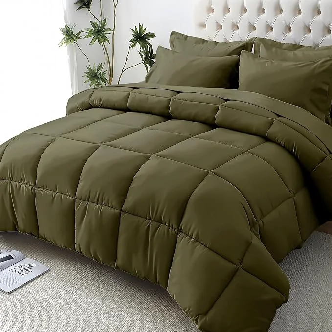 Environmentally Friendly JOLLYVOGUE King Comforter Set Ultra-Soft Bed in a Bag King Size 7 Pieces Oeko-TEX Bedding Set with Down Comforter Sheets Pillowcases amp Shams Olive Green Casual