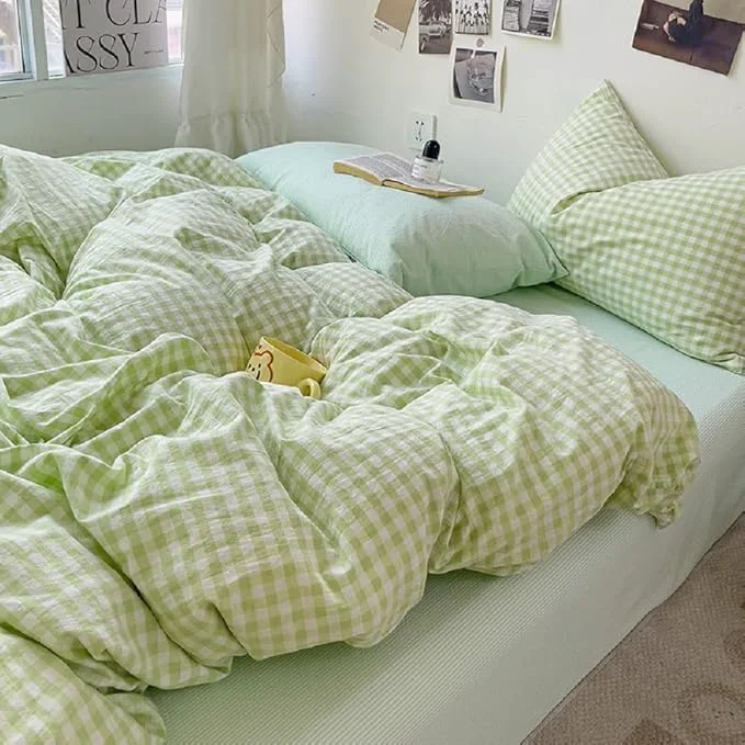 Fast LifeTB Green Gingham Comforter Set Twin XL 3 Pieces Green Plaid Checkered Comforter Set Lightweight Grid Bedding Comforter with 2 Pillowcases Soft Farmhouse Gingham Bedding Set for All Seasons Enhanced