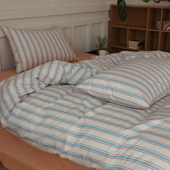Crafted LifeTB Full Comforter Set Blue Brown Striped Comforter Set 3 Pieces Retro Stripes Pattern Printed Comforter with 2 Pillowcases Lightweight Fluffy Soft Breathable Striped Bedding Set for All Seasons Enhanced
