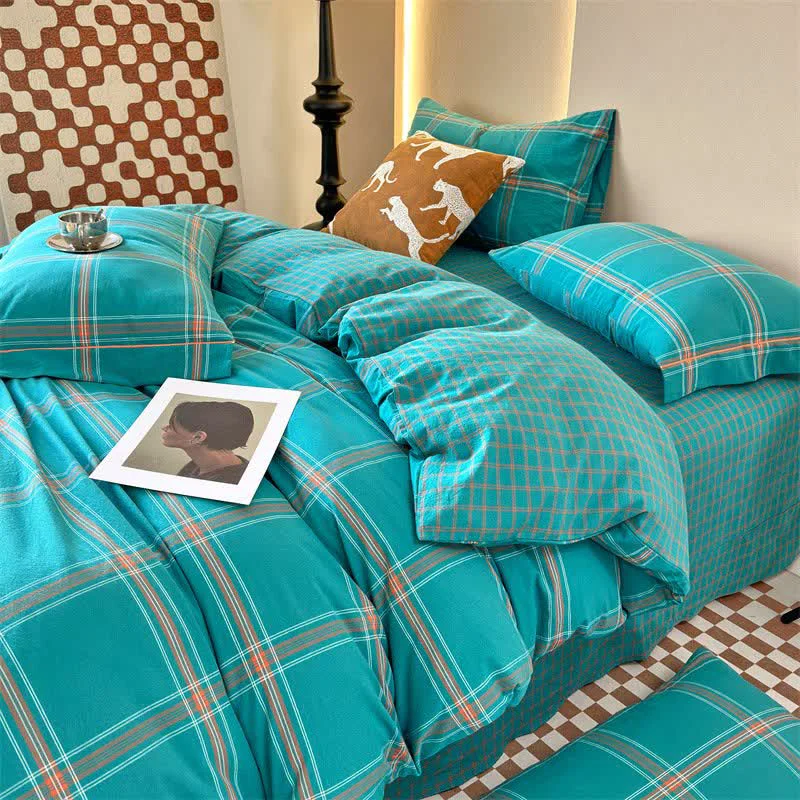 Reliable Ownkoti Reversible Oversized Grid Cotton Bedding Set Dependable
