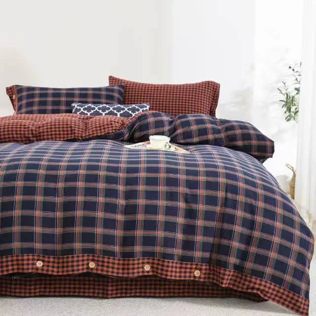 Safe Ownkoti Retro Plaid Cotton Gauze Button Bedding Set 4PCS Traditional