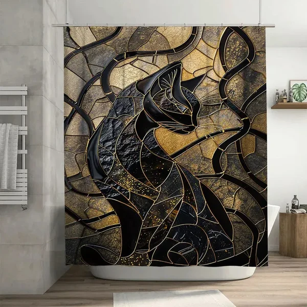 Minimalist Gold Black Cat Shower Curtain Specialty
