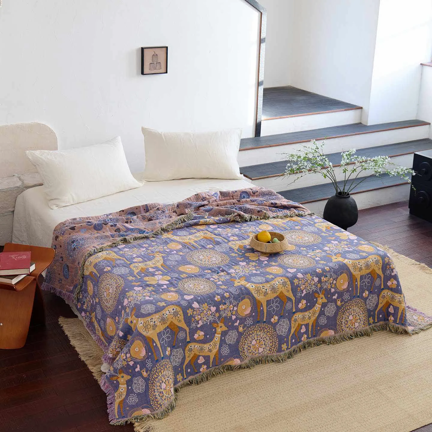 Natural Ownkoti Reversible Floral Deer Cotton Gauze Quilt Secure